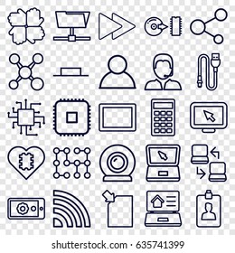 Computer icons set. set of 25 computer outline icons such as tablet, share, music pause, fast forward, disc, clipboard, calculator, support, laptop, wire, gear on display