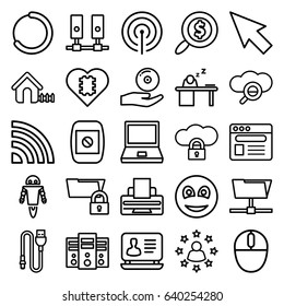 Computer icons set. set of 25 computer outline icons such as house, laptop, browser, cd on hand, man sleeping on table, printer, mouse, smiley, camera display, wire
