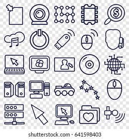 Computer icons set. set of 25 computer outline icons such as pointer on display, folder with heart, music cloud, pc, camera display, web camera, switch off, search dollar
