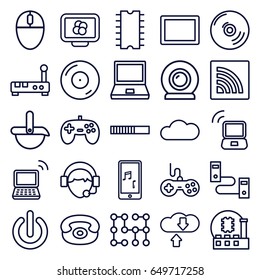 Computer icons set. set of 25 computer outline icons such as joystick, disc on fire, tablet, operator, laptop, mobile phone music, wi-fi, cloud, desk phone, cpu, web camera