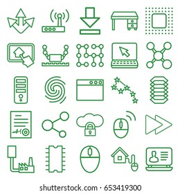 Computer icons set. set of 25 computer outline icons such as office desk, laptop, cpu, share, fast forward, download, signed document, smart home, cpu, chip, home on tablet