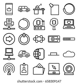 Computer icons set. set of 25 computer outline icons such as arrow right, laptop with heart, laptop, music pause, clipboard, man sleeping on table, document in folder, cloud