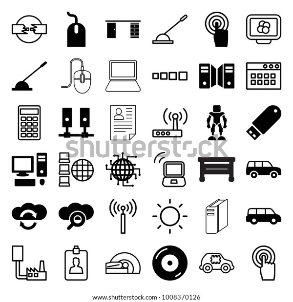 Computer icons. set of 36\
editable filled and outline computer icons such as mouse, car, cpu\
planet, disc on fire, touchscreen, arm lever, flash drive, server,\
search cloud
