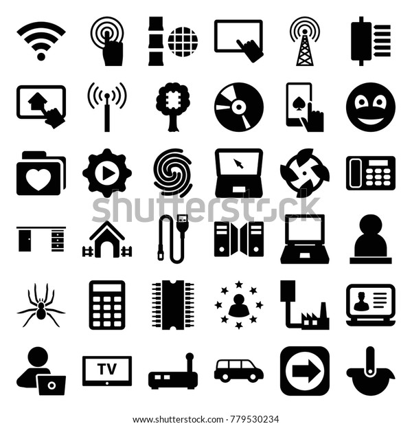 Computer icons. set\
of 36 editable filled computer icons such as signal tower, finger\
on tablet, laptop, man with laptop, fan, car, cpu in tree, folder\
with heart,\
touchscreen