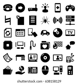 Computer icons set. set of 36 computer filled icons such as spider, tv, arrow right, finger on display, office desk, laptop, reload, folder with heart, mp3 player, pause