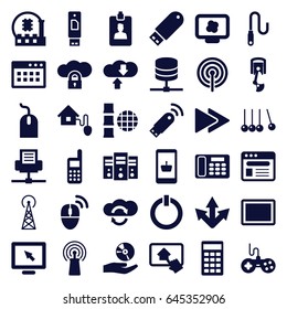 Computer icons set. set of 36 computer filled icons such as signal tower, joystick, mouse, signal, tablet, browser, flash drive, fast forward, cd on hand, clipboard