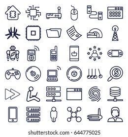 Computer Icons Set. Set Of 36 Computer Outline Icons Such As Signal Tower, Spider, Mouse, Folder, Portable Console, Laptop, Mri, Cd, Fast Forward, Support, Phone, Finger Print