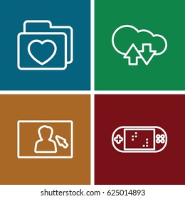 Computer icons set. set of 4 computer outline icons such as folder with heart, camera display, portable game console