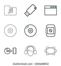 Computer icons. set of 9 editable outline computer icons such as disc, browser window, camera display, usb drive, cpu, operator