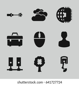 Computer icons set. set of 9 computer filled icons such as cloudy weather, toolbox, robot arm, electric circuit, cpu in tree, cpu planet, user, server