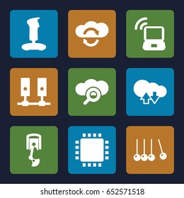 Computer icons set. set of 9 computer filled icons such as laptop signal, robot arm, cpu, cloud download upload, joystick, cradle, server, search cloud