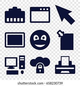 Computer icons set. set of 9 computer filled icons such as tablet, printer, smiley, pc, pointer, cloud protection, browser window, phone cable
