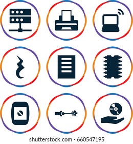 Computer icons set. set of 9 computer filled icons such as laptop, pause, cd on hand, printer, camera display, cpu, electric circuit, document