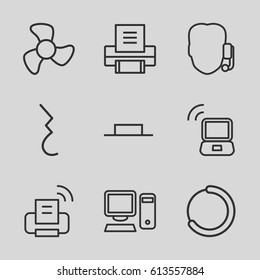 Computer icons set. set of 9 computer outline icons such as music pause, pause, fan, pc, printer, laptop signal, support