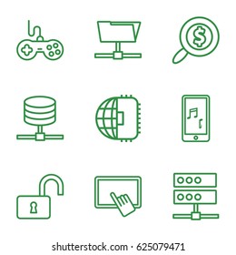 Computer icons set. set of 9 computer outline icons such as joystick, finger on tablet, opened lock, mobile phone music, search dollar, CPU planet, folder