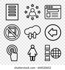 Computer icons set. set of 9 computer outline icons such as no laptop, arrow left, touchscreen, browser, download upload cloud, user surrounded by stars, woman, internet