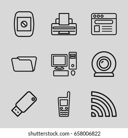 Computer icons set. set of 9 computer outline icons such as folder, wi-fi, old phone, browser, printer, camera display, usb drive, web camera