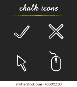 Computer icons set. Accept and cancel symbols, computer mouse and cursor illustrations. Isolated vector chalkboard drawings