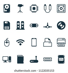 Computer icons set with central processor unit, paper printer, personal computer and other music elements. Isolated vector illustration computer icons.