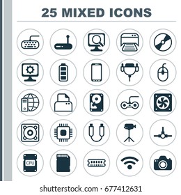 Computer Icons Set. Collection Of Accumulator Sign, Printed Document, Memory Card And Other Elements. Also Includes Symbols Such As Movie, Memory, Hdd.