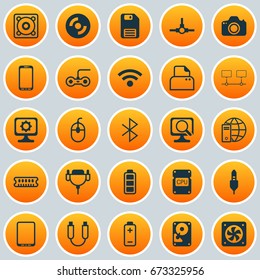 Computer Icons Set. Collection Of Aux Cord, Battery, Connected Devices And Other Elements. Also Includes Symbols Such As Photo, Distribution, Energy.