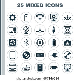Computer Icons Set. Collection Of Battery, Cellphone, Wireless Connection And Other Elements. Also Includes Symbols Such As Cooler, Connector, Disk.