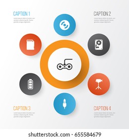 Computer Icons Set. Collection Of Blank Cd, Accumulator Sign, Aux Cord And Other Elements. Also Includes Symbols Such As Battery, Memory, Full.