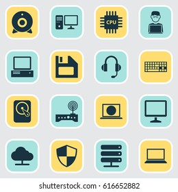Computer Icons Set. Collection Of Broadcast, Monitor, Laptop And Other Elements. Also Includes Symbols Such As Desktop, Personal, Wifi.