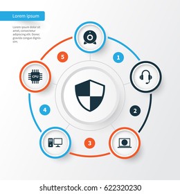 Computer Icons Set. Collection Of Broadcast, Earphone, Defense And Other Elements. Also Includes Symbols Such As Screen, Microprocessor, Personal.