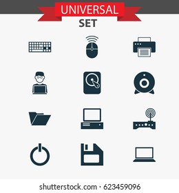 Computer Icons Set. Collection Of Broadcast, Laptop, Router And Other Elements. Also Includes Symbols Such As Hdd, Modem, Printing.