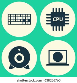 Computer Icons Set. Collection Of Broadcast, Keypad, Motherboard And Other Elements. Also Includes Symbols Such As Screen, Microprocessor, Camera.