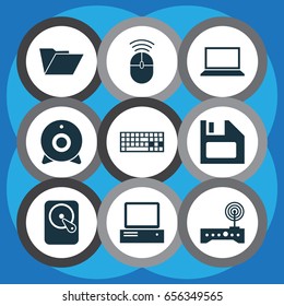 Computer Icons Set. Collection Of Broadcast, Keypad, Computer Mouse And Other Elements. Also Includes Symbols Such As Folder, Notebook, Dossier.