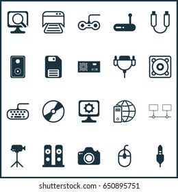 Computer Icons Set. Collection Of Camcorder, Vga Cord, Printed Document And Other Elements.  