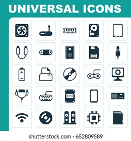 Computer Icons Set. Collection Of Cd-Rom, Hdd, Portable Memory And Other Elements. Also Includes Symbols Such As Sound, Aux, Tablet.