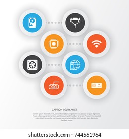 Computer Icons Set. Collection Of Chip, Hdd, Computer Ventilation And Other Elements. Also Includes Symbols Such As Storage, Chip, Connectivity.
