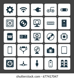 Computer Icons Set. Collection Of Connector, Radio Set, Network Structure And Other Elements. Also Includes Symbols Such As Photocamera, Speaker, Setting.