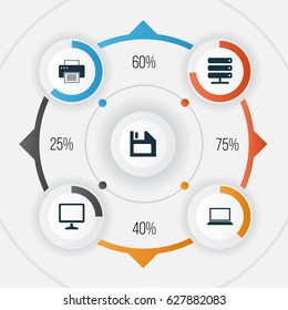 Computer Icons Set. Collection Of Database, Printing Machine, Diskette And Other Elements. Also Includes Symbols Such As Floppy, Laptop, Printer.
