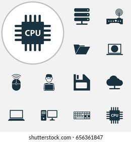 Computer Icons Set. Collection Of Database, Personal Computer, Motherboard And Other Elements. Also Includes Symbols Such As Modem, Online, Laptop.