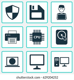 Computer Icons Set. Collection Of Defense, Diskette, Web And Other Elements. Also Includes Symbols Such As Hard, Microprocessor, Computer.