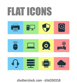 Computer Icons Set. Collection Of Defense, Broadcast, Laptop And Other Elements. Also Includes Symbols Such As Wifi, Printer, Hard.