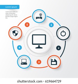 Computer Icons Set. Collection Of Desktop, Monitor, Power On And Other Elements. Also Includes Symbols Such As Power, Router, Floppy.