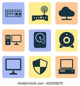 Computer Icons Set. Collection Of Desktop, Router, Monitor And Other Elements. Also Includes Symbols Such As Modem, Monitor, Disk.