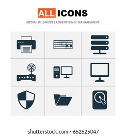 Computer Icons Set. Collection Of Desktop, Defense, Database And Other Elements. Also Includes Symbols Such As Hdd, Storage, Modem.
