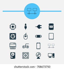 Computer Icons Set. Collection Of Desktop Computer, Cpu, Radio Set And Other Elements. Also Includes Symbols Such As Wireless, Mouse, Stereo.