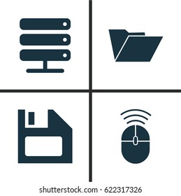 Computer Icons Set. Collection Of Diskette, Database, Dossier And Other Elements. Also Includes Symbols Such As Storage, Folder, Computer.