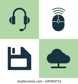 Computer Icons Set. Collection Of Diskette, Earphone, Computer Mouse And Other Elements. Also Includes Symbols Such As Tree, Online, Earphone.