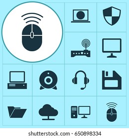 Computer Icons Set. Collection Of Diskette, Dossier, Earphone And Other Elements. Also Includes Symbols Such As Microphone, Control, Diskette.