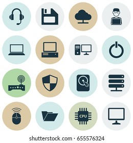 Computer Icons Set. Collection Of Diskette, Dossier, Monitor And Other Elements. Also Includes Symbols Such As Database, Button, Earphone.