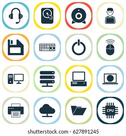 Computer Icons Set. Collection Of Dossier, Power On, Broadcast And Other Elements. Also Includes Symbols Such As Hdd, Database, Button.