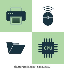 Computer Icons Set. Collection Of Dossier, Computer Mouse, Motherboard And Other Elements. Also Includes Symbols Such As Printer, Microprocessor, Printing.